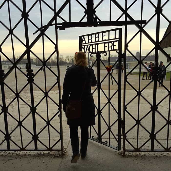 Entering Dachau Concentration Camp Taylor at Dachau Concentration Camp walking in the gates that read Work Will Make you Free.