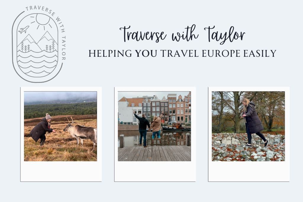 A collage of polaroids featuring Taylor, a Europe travel blogger, Feeding a reindeer in Scotland, on the canals in Amsterdam, and walking in Inverness, Scotland.